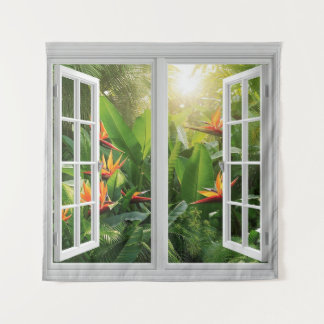 Square White Window with Tropical Scenic View Tapestry