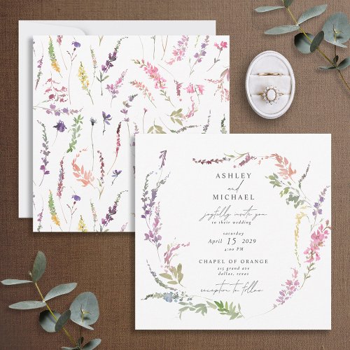 Square Wildflower Watercolor Floral Modern Wedding Invitation