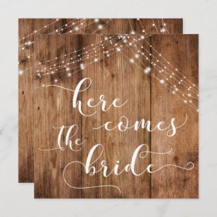 Square Wood Lights Here Comes the Bride Dog's Sign Invitation