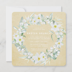 Square Yellow + White Floral Wreath Easter Brunch Invitation