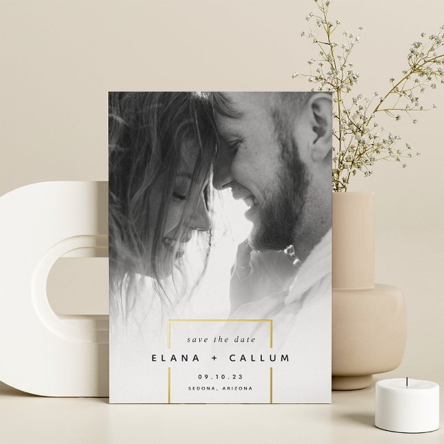 Squared Away | Modern Vertical Photo Save The Date Foil Invitation (Creator Uploaded)