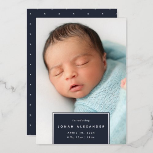 Squared Away  Silver Foil Birth Announcement