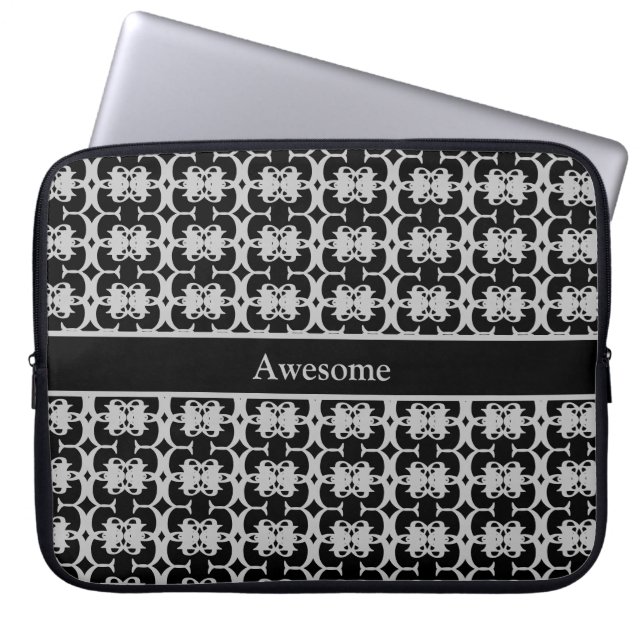 Squares & Diamond Pattern in Black & Silver Gray Laptop Sleeve (Front)