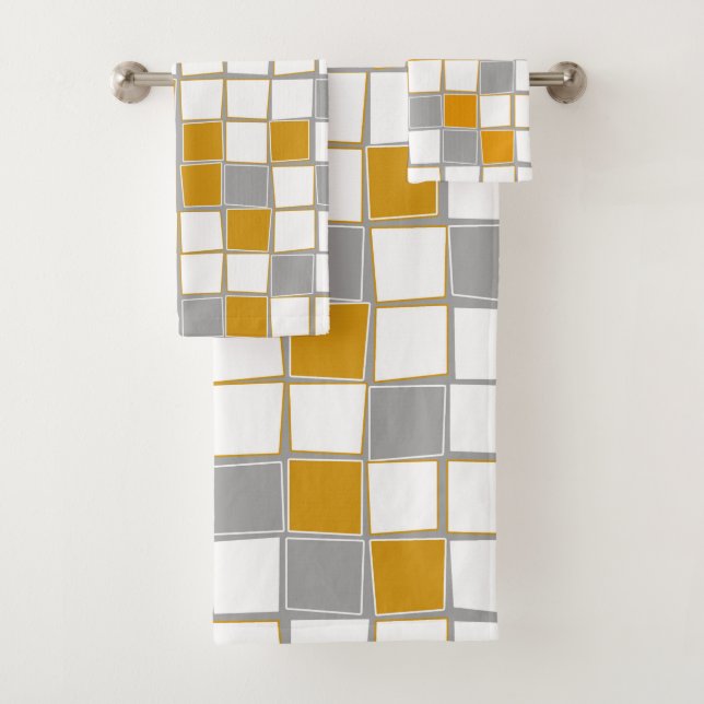 Squares, grey, white, mustard yellow, modern bath towel set (Insitu)