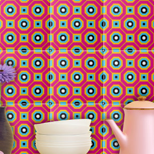 Squares & Hexagons Colorful Geometric Pattern Ceramic Tile