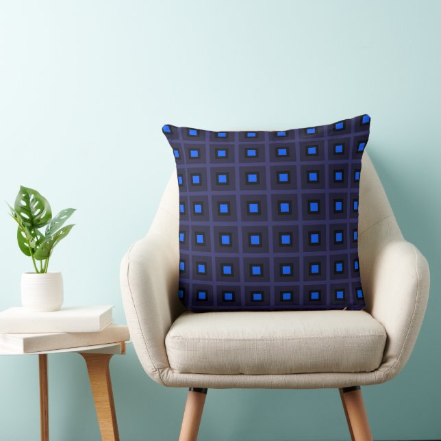 Squares In Squares - Indigo Black Blue Throw Pillow (Chair)