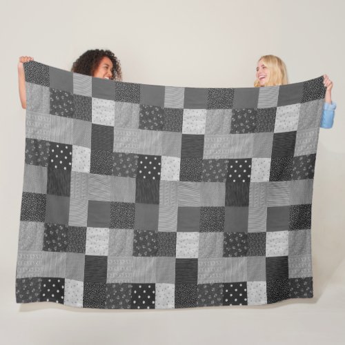 squares of black and white vintage patchwork fleece blanket