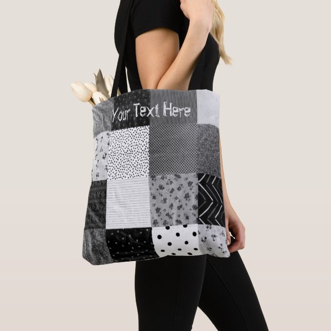 squares of patterned black and white patchwork tote bag (Close Up)