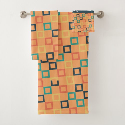 Squares Peach Blue Minimal Pattern Bath Towel Set