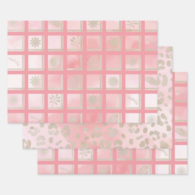 Squares Pink Floral Leopard Pattern Wrapping Paper Sheets (Set)
