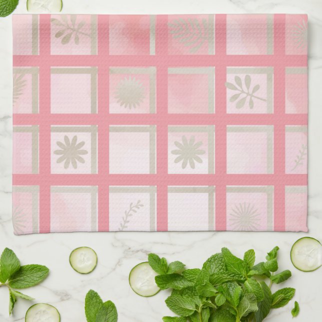 Squares Pink Floral Pattern Kitchen Towel (Folded)