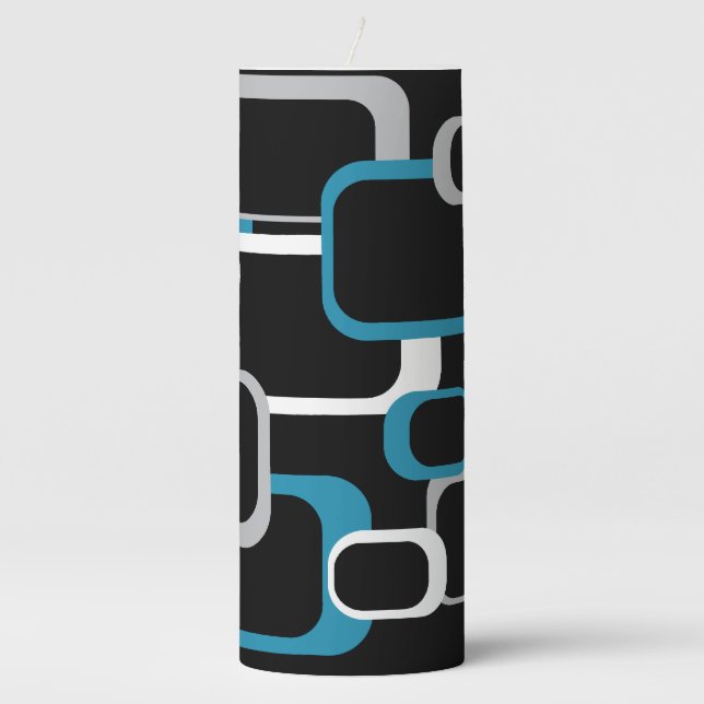 Squares Retro Pattern Blue Gray White Black Pretty Pillar Candle (Front)