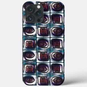 Squares with spiral drawing, cyan drizzle effect t iPhone 13 pro max case