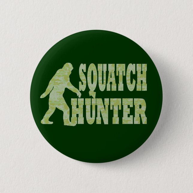 Squatch hunter on camouflage pinback button (Front)
