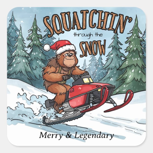 Squatchin' through the Snow Bigfoot Christmas Square Sticker (Front)