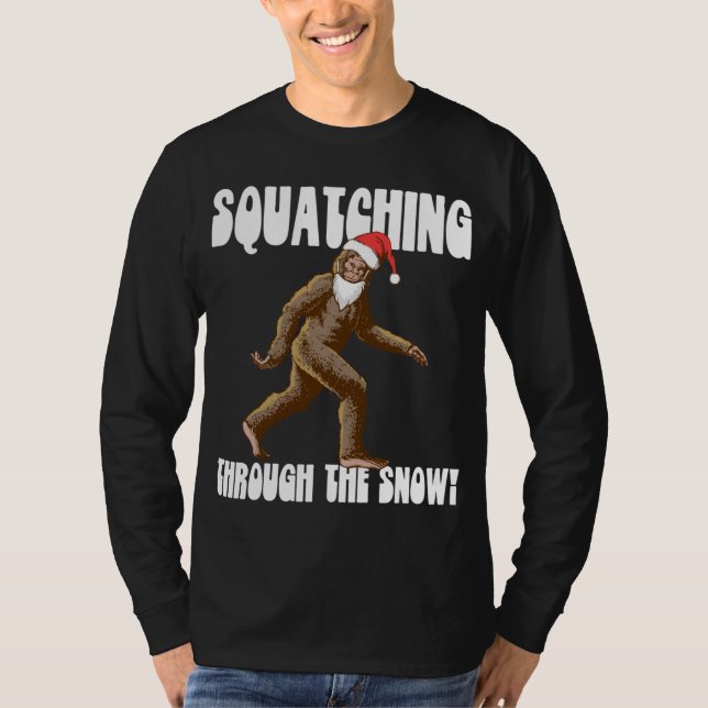 Squatching Through The Snow Christmas Bigfoot Sant T-Shirt (Front)
