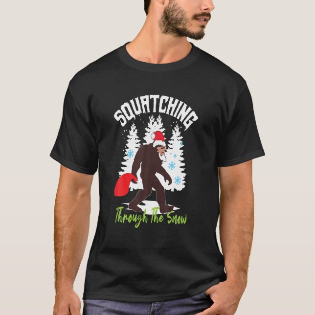 Squatching Through The Snow Funny Sasquatch Merry T-Shirt (Front)