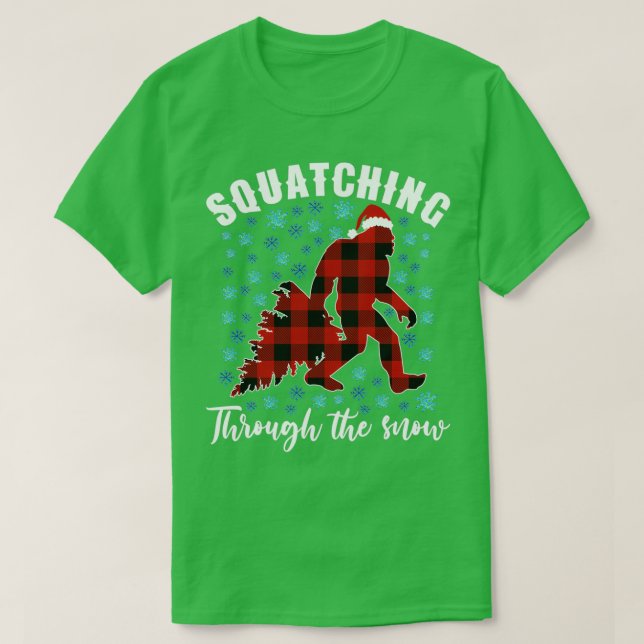 Squatching Through The Snow Plaid Buffalo Christma T-Shirt (Design Front)