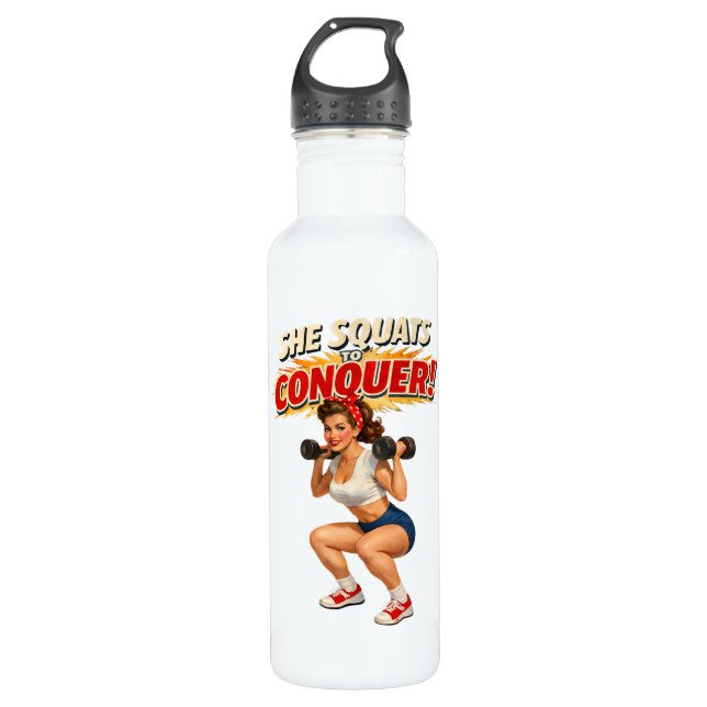 Squats Conquer Funny Retro Gym Pin-Up Motivational Stainless Steel Water Bottle (Front)