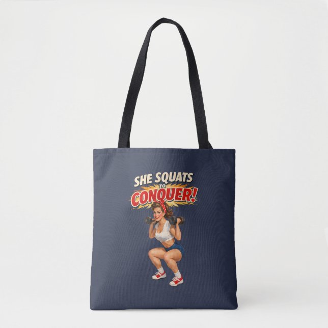 Squats Conquer Funny Retro Pin-Up Motivational Gym Tote Bag (Front)