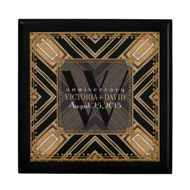 Squaza Art Deco Black Gold Wedding Anniversary Box (Front)