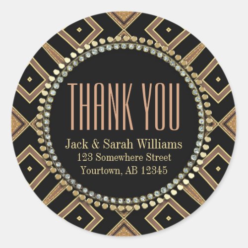 Squaza Art Deco Gold Black ThankYou Round Stickers