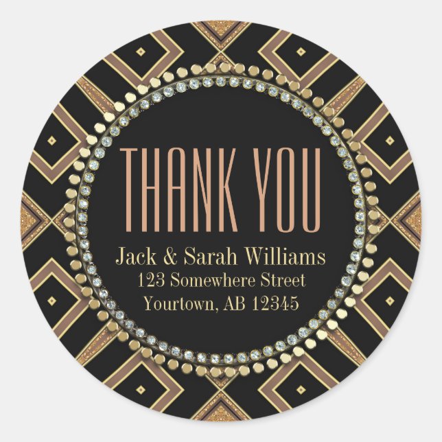 Squaza Art Deco Gold Black ThankYou Round Stickers (Front)