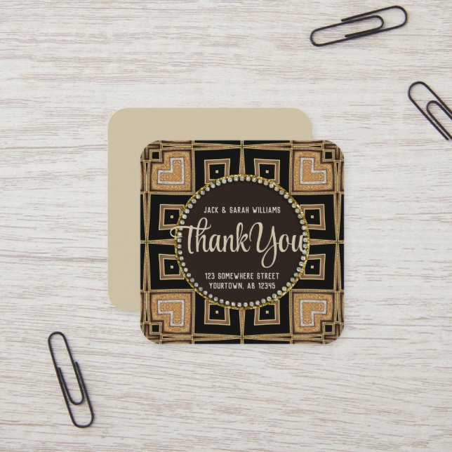 Squaza Love Art Deco Gold Black Thank You Round Square Business Card (Front/Back In Situ)