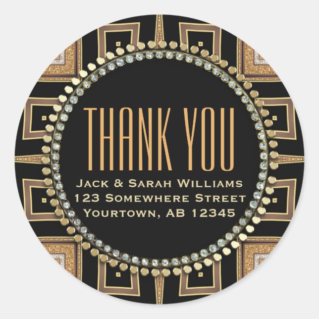 Squaza-sq Art Deco Gold Black Thank You Round Classic Round Sticker (Front)