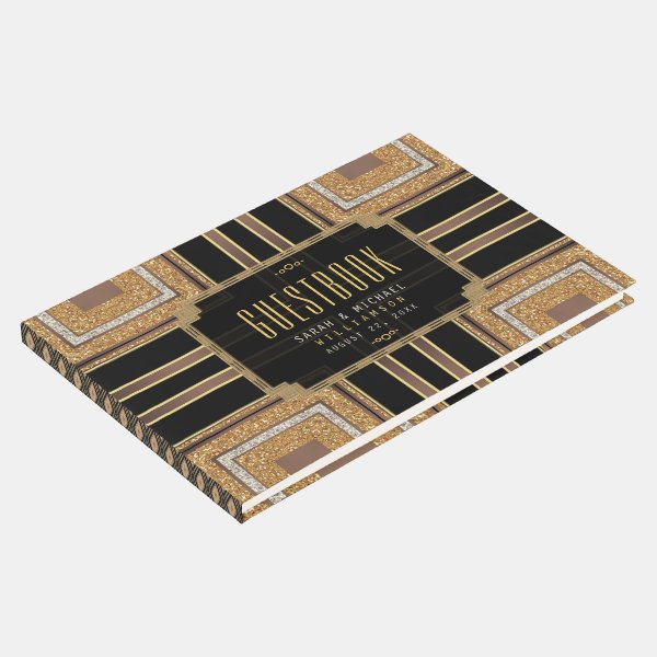 Squazi Art Deco Glitter Gold Black Pattern Guest Book by AlternativeWeddings
