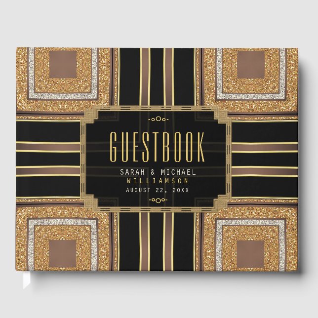 Squazi Art Deco Glitter Gold Black Pattern Guest Book (Front)