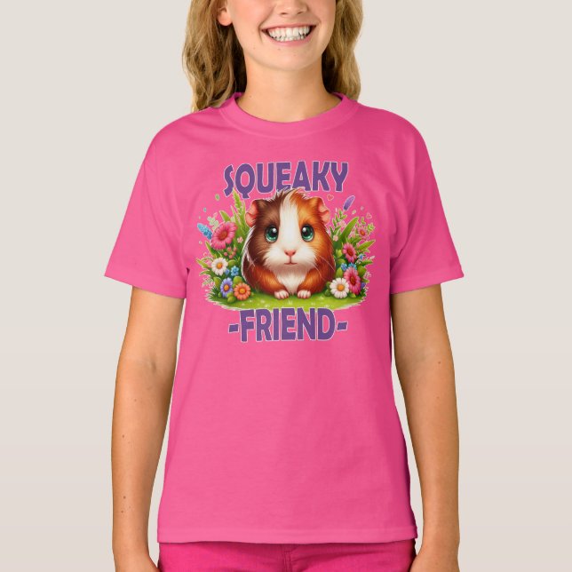 Squeaky Friend pun. Cute Baby Guinea Pig cartoon T-Shirt (Front)