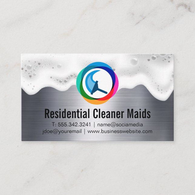 Squeegee Logo | Soap Froth | Metallic Business Card (Front)