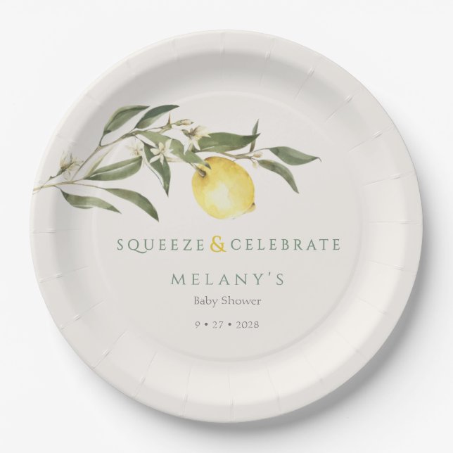 Squeeze & Celebrate Lemon Citrus Baby Shower Paper Plates (Front)