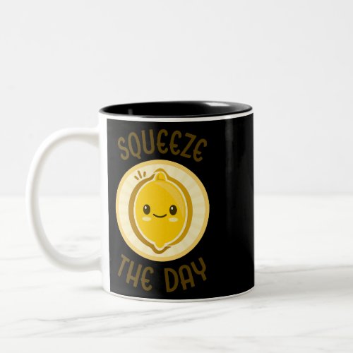 Squeeze The Day Cute Adorable Kawaii Lemon Food Pu Two_Tone Coffee Mug