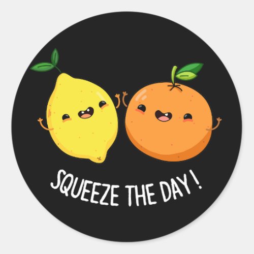 Squeeze The Day cute Fruit Pun Dark BG Classic Round Sticker