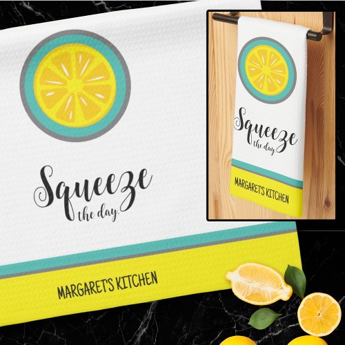 Squeeze the Day Cute Lemon Teal Fruit Pun Kitchen Towel