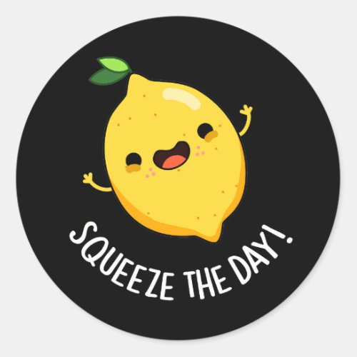 Squeeze The Day Funny Fruit Pun Dark BG Classic Round Sticker