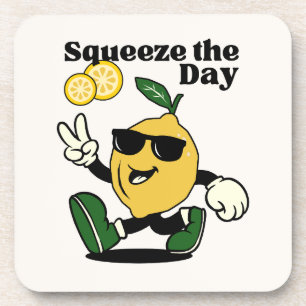 SQUEEZE THE DAY FUNNY LEMON PUN RETRO MASCOT BEVERAGE COASTER