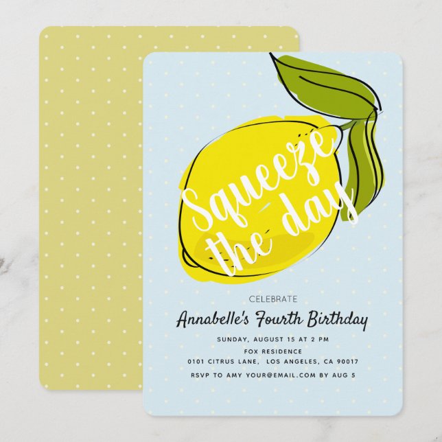 Squeeze the Day Lemon Citrus Blue Birthday Invitation (Front/Back)