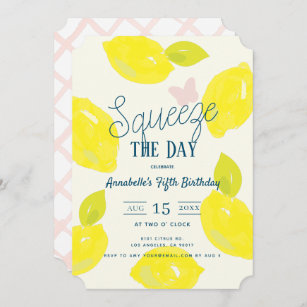 Squeeze the Day Lemon Citrus Girl Birthday Invitation