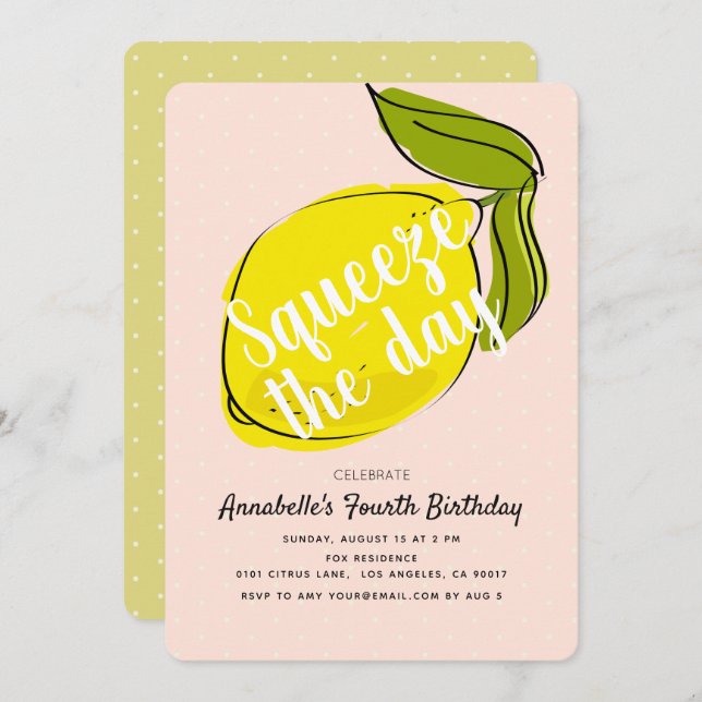 Squeeze the Day Lemon CItrus Pink Girl Birthday Invitation (Front/Back)