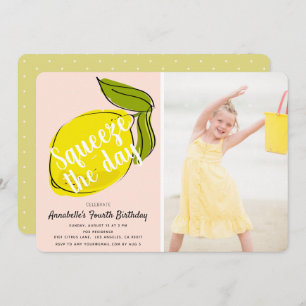 Squeeze the Day Lemon Pink Girl Birthday Photo Invitation