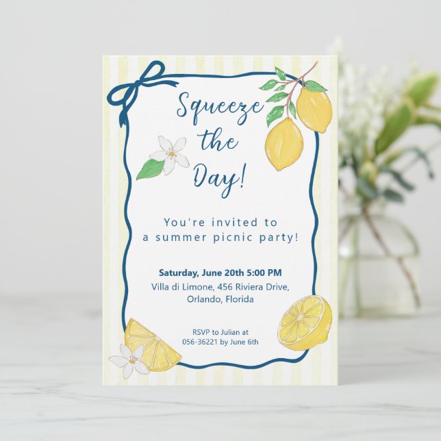 Squeeze the Day Lemon Summer Picnic Party Invitation (Standing Front)