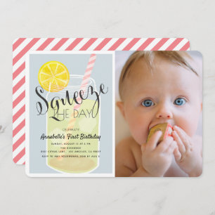 Squeeze the Day Lemonade Jar 1st Birthday Photo Invitation