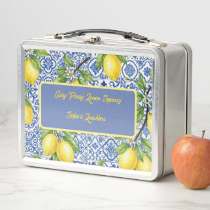 "Squeeze The Day" Sicilian Lemon, Blue Maiolica Metal Lunch Box