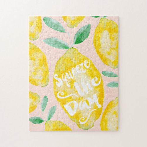 Squeeze the day yellow lemon quote watercolor jigsaw puzzle