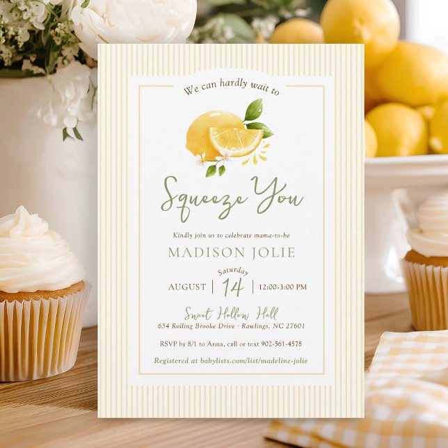 Squeeze You Modern Lemons Neutral Baby Shower Invitation (Cute Squeeze You modern simple watercolor lemon yellow stripes gender neutral baby shower invitation)