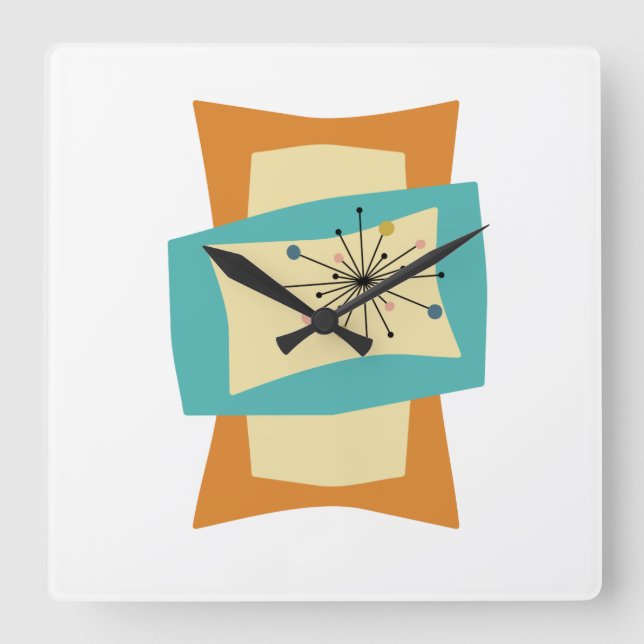 Squeezed Rectangles Orange Turquoise Cream Mid Mod Square Wall Clock (Front)