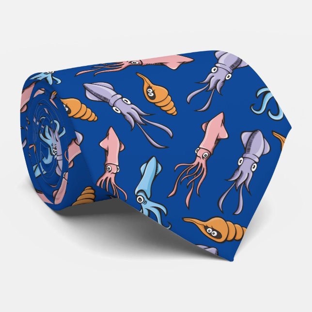 Squid Cartoons Pattern Neck Tie (Rolled)